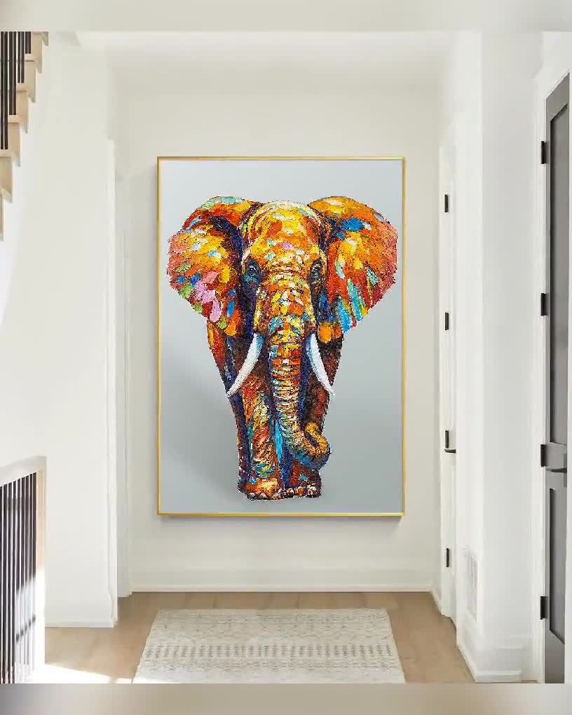 質感のある3D象の絵画：キャンバスに描かれたカラフルなポップアート